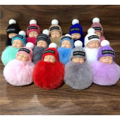 Cute Sleeping Baby Doll Keychain Pompom Rabbit Fur Ball Carabiner Keychain Keyring Women Kids Key Holder Bag Pendant Gift SN3442
