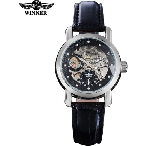 2016 WINNER famous brand women watch fashion automatic self wind watch skeleton dials transparent glass silver case leather band