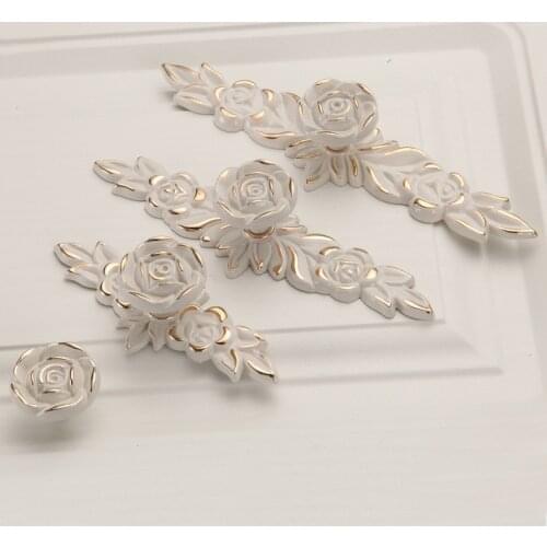 European Rose Flower Kitchen Cabinet Handles Zinc Alloy Lvory White Drawer Knobs Wardrobe Cupboard Door Pulls Hardware