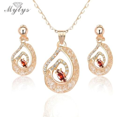Mytys Fashion Jewelry Sets New Arrival Wire Mesh Net Tube filled Crystal Drop Earring and Necklace Sets CN294