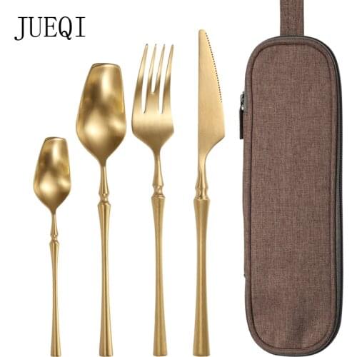 JueQi Stainless Steel Golden Camping Cutlery Set Mirror Polishing Dinnerware Tableware Dinner Knife Fork Foods Tools Kitchen