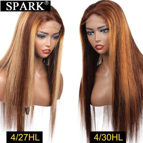 SPARK Ombre Highlights Brown Wig Lace Closure Human Hair Wigs 4/27 Brazilian Straight Pre Plucked Hairline With Baby Hair Black