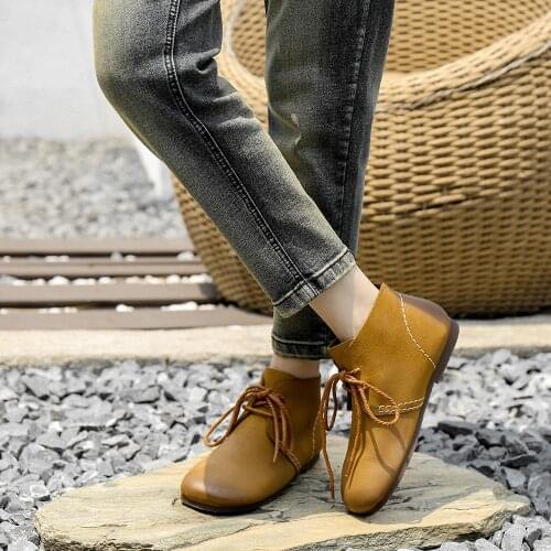 Handmade Soft Leather Ankle Boots Retro Round Toe Short Boots Women Mori Girl Boots