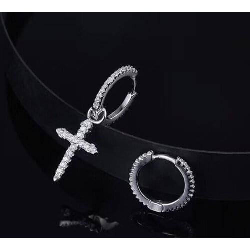 Top Quality New Fashion Mosaic AAA Zircon Crystal Asymmetry Cross Silver Hoop Earrings for Women Luxury Jewelry