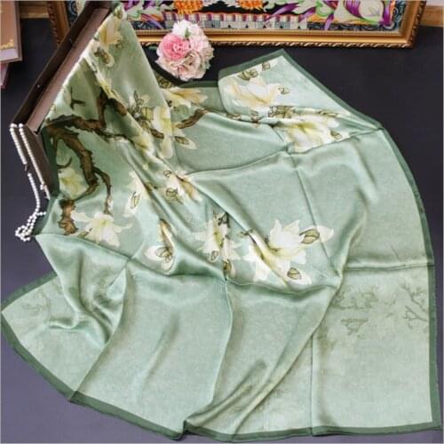 POBING 100% Real Silk Scarf Women Life Tree Print Square Scarves Wraps Manual Hand Rolled Silk Foulards Bandana Hijabs 110CM