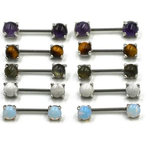 Pair 316l Surgical Steel Nipple Barbell Ring Opal Stone Nipple Bar Tiger Eye Stone Nipple Piercing Fashion Sexy Jewelry 14g