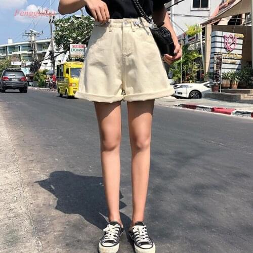 Streetwear womens shorts denim high waist sexy short harajuku denim wide legs street black blue hot sale 2020 summer new beige