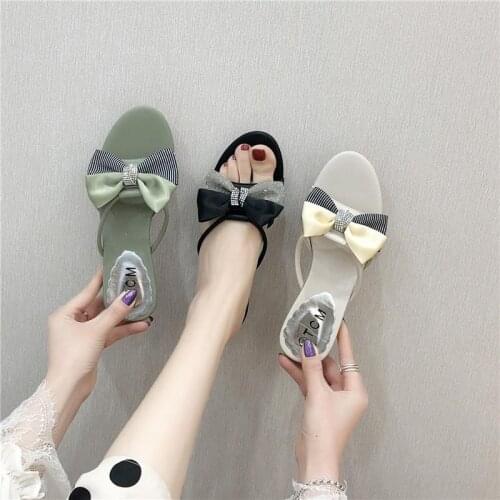 HOT Shoes for Women 2021 New Woman Slippers Summer Sandalias Bow Decoration 3cm Heel Casual Ladies Woman Slippers 34-41