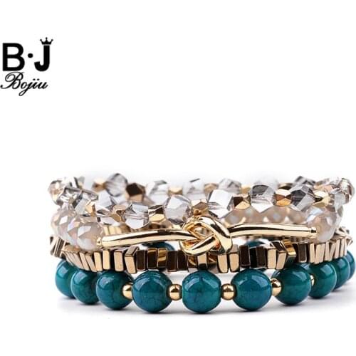 BOJIU 4 Pcs/Set Crystal Tube Beads Bracelets For Women Jewelry Gold Hematite Nugget Natural Calaite Stone Bracelet Lady BCSET156