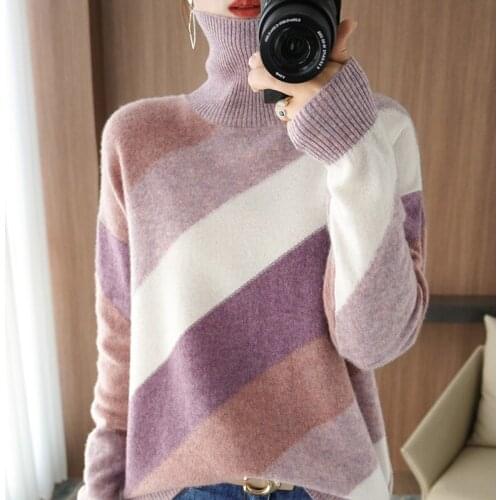 100% Pure Wool Sweater Woman High Neck Pullover Autumn/Winter 2021 New Casual Stitching Knitted Tops Women Jacket Oversize Warm