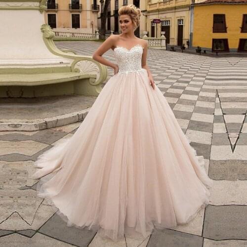 Booma Simple Lace Appliqued Wedding Dress 2019 Soft Tulle Sweetheart Sleeveless Beach Boho Pink Lacing Bridal Gowns New