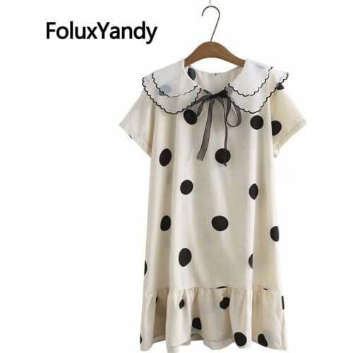 Polka Dot Chiffon Dress Plus Size Vestidos Women Peter Pan Collar Loose Summer Short Sleeve Trumpet Dress KKFY5488