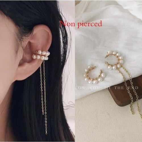 1PC Fake piercing fake Earring in cartilage false braces Gold earrings luxury pearl Ear cuffs Clips Helix Chain fashion