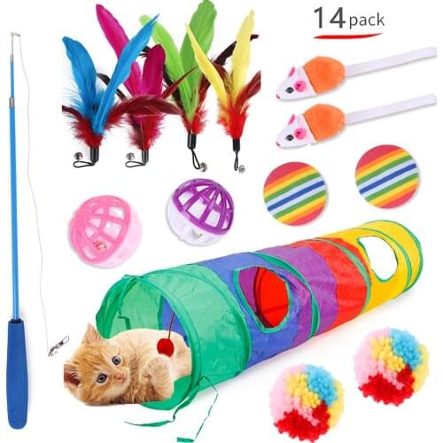 14 Cat Toys Assortments, 2 Way Tunnel Cat Feather Teaser, Wand Interactive Feather Toy Fluffy Mouse, Crinkle Balls for Cat