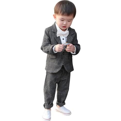 2020 Spring Autumn Baby Boy Formal Dress Suit Set Child Plaid Blazer Vest 2pcs Clothes Set Toddler Kids Birthday Party Costume
