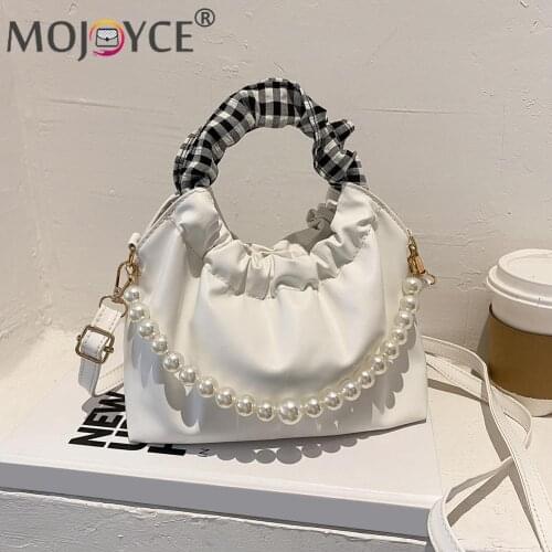 2021 Pleated Female Handbag Women Fashion Pleated PU Leather Pearl Chain Solid Color Shoulder Crossbody Bag Women