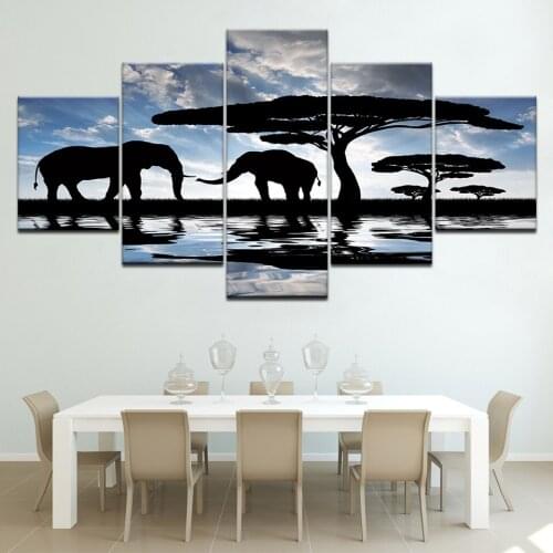 5 Piece Canvas Art Elephant Oil Painting On Canvas Wall Art Landscape Printed Oil Painting Picture For Living Room Framework