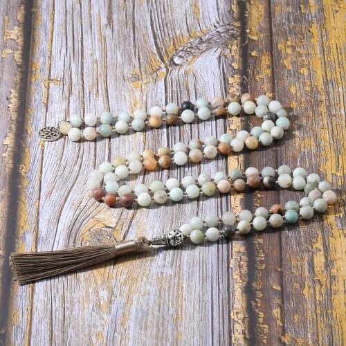 108 Matte Amazonite Beaded Japa Mala Knotted Necklace Meditation Declaration Yoga Blessing Jewelry Tassel Tree of Life Pendant