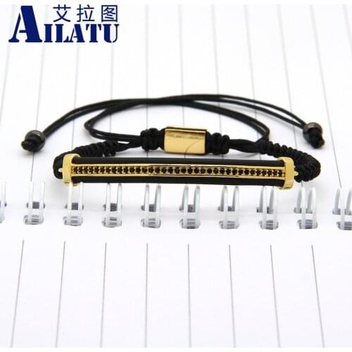 Ailatu Wholesale 10pcs Fashion Mens Jewelry High Quality Micro Pave Brass Black Cz Long Tube Watch Protector Macrame Bracelets