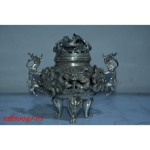 Antique Old MingDynasty silver censer,nine dragons, incense burner,hand crafts,best collection&adornment,free shipping