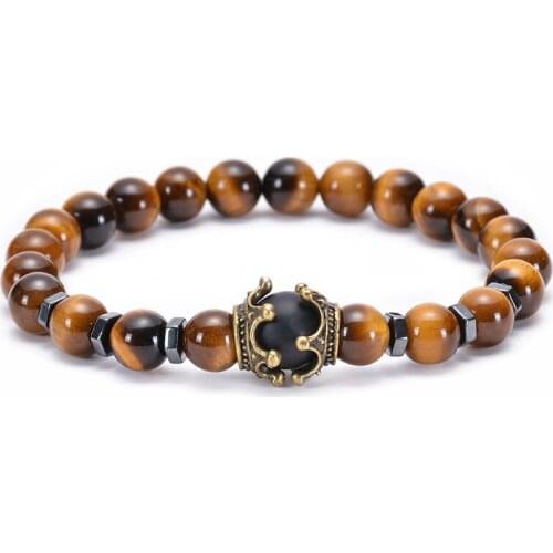 Tiger Eye Bracelets For Men High Quality Antique Crown Shape Natural Stone Bead Stretch Bangle Hiphop Punk Jewelry