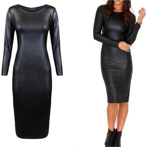 Black Night Club Faux Leather Bodycon Dress Clubwear Wet Look Mistress Sexy Costume M-XXL Plus Size