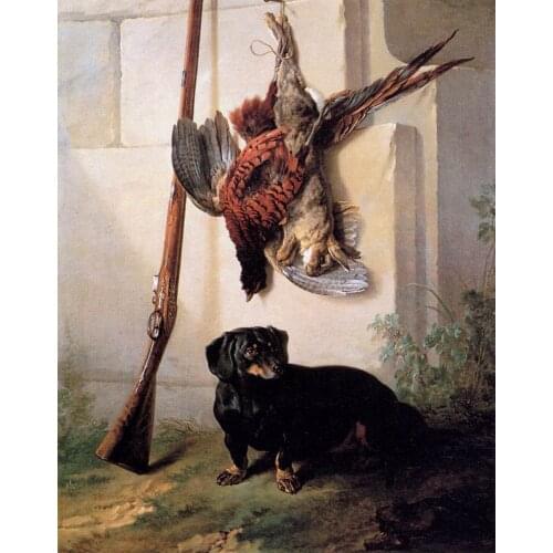 Oil Painting Reproduction,handmade oil painting,Henri Camille, Hound with Gun and Dead Game by Jean-Baptiste Oudry,Museum quaity