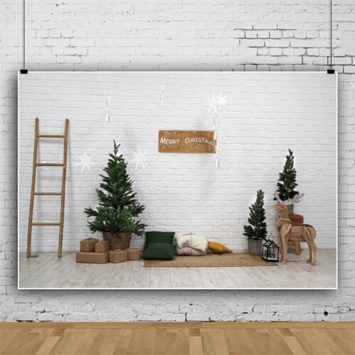Laeacco Merry Christmas Tree White Brick Wall Photographic Backgrounds Wooden Floor Baby Child Photocall Poster Photo Backdrops