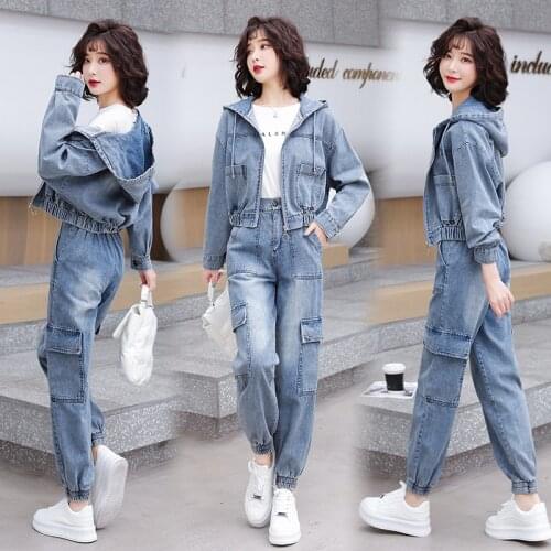 Fashion denim jacket suit womens spring and autumn new slim-fit jacket popular beam leg pants tooling two-piece trend
