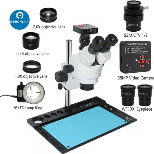 3.5X-90X Simul-focal Trinocular Stereo Microscope Phone PCB Soldering Repair Industrial Microscope 38MP VGA 1080P HDMI Camera