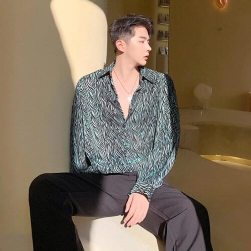 Spring Summer Mens Korean Style Casual Leopard Loose Shirt Thin Long Sleeve Fashion Hair Stylist Singer Stage Tide Skirts
