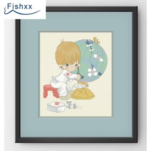 European Style Hanging Pastoral Cartoon Characters Fishxx Cross Stitch Kit H089 Lovely Boy Little Doctor In Repair The Globe