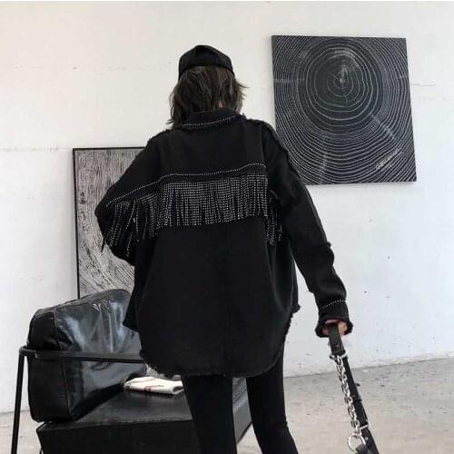NEW Womens Black Fringe Decorative Jacket Autumn Hot Drilling Raw Edge Long Sleeve Lapel Slim Casual Street Coat Female S-2XL