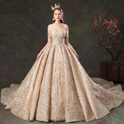 Kaftans 2020 Boat Neck Lace Up Back Floor-Length Ball Gown Train Luxury Wedding Dress Champagne Wedding Gowns Vestido De Noiva