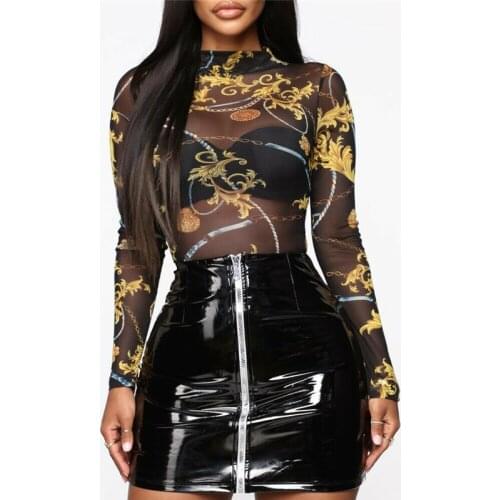 Transparent Mesh See through Net Tops For Women T-Shirt Long Sleeve Bodycon Hollow Print Tees Slim Sexy Tops Club Wear Female