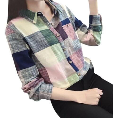Plaid Turn-down Collar Shirts Button Up Female Shirt Blouses Casual Long Sleeve Spring Womens Blouse Tunic Tops Рубашка Женская