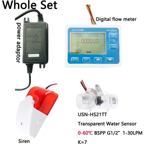 US211MA Pipe Water Suspend Alarming System & USN-HS21TT Plastic BSPP G1/2" Flow Sensor Turbine Flowmeter iSentrol with Siren