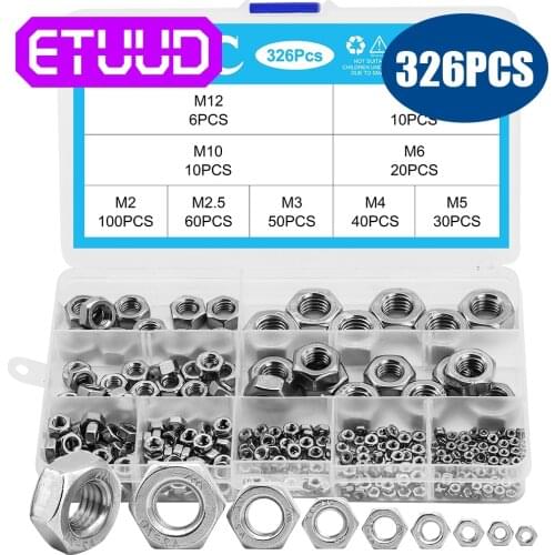 YCDC 326Pcs/box 304 Stainless Steel Hex Hexagon Nut for M2 M2.5 M3 M4 M5 M6 M8 M10 M12 Screw Bolt Hexagon Nuts Assortment Kit