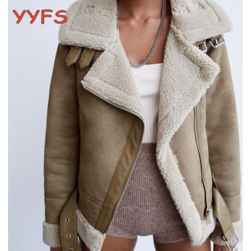 Suede Lambswool Biker Jackets Women Vintage Coat Winter Thick Warm Chic Sashes Casual Loose Faux Leather Outwear Tops Female