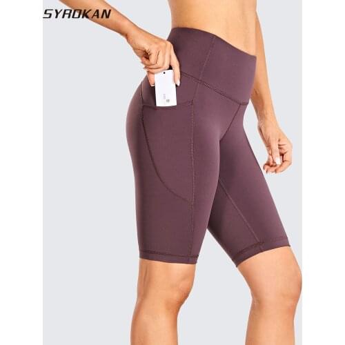 SYROKAN Womens Naked Feeling High Waist Biker Shorts Workout Yoga Shorts Running Tights with Pockets -10 Inches