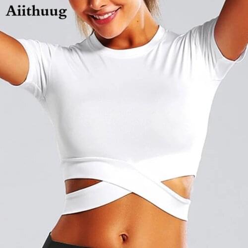 Aiithuug Women Fashion Crop Tops Tummy Cross Long or Short Sleeve Sport Shirt for Yoga Fitness Running Tank Tops Built In Bra