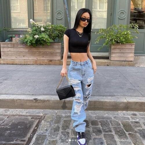 Women Casual Jeans Fashion Hole High Waist Straight Pant Zipper Streetwear Clothes Femme Bottoms Lady Trousers Fall New SA618