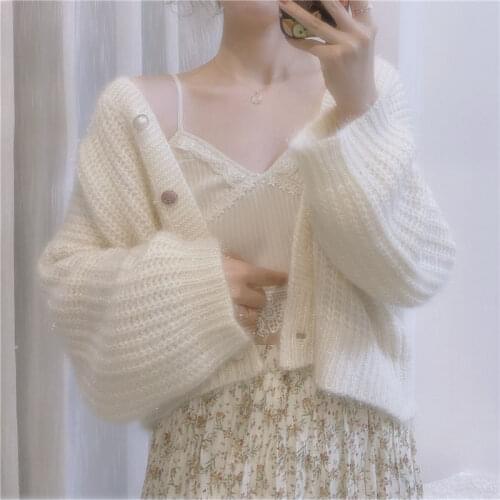 Knitted Cardigan Women Vintage Retro Sweater V-Neck Casual Long Sleeve Sweet Loose Korean Sweater 2020 Autumn Womens Clothing