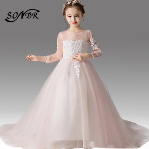 Elegant Pink Flower Girl Dress for Weddings HT139 Embroidery Lace Train Pageant Dresses for Girls Back Bow Flower Girl Ball Gown