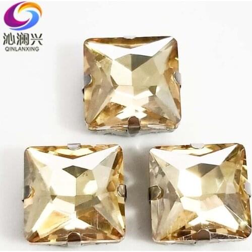 Golden champion top quality Glass Crystal sew on stones,square shape claw rhinestone with holes,Diy/Clothing accessorie SWZ405
