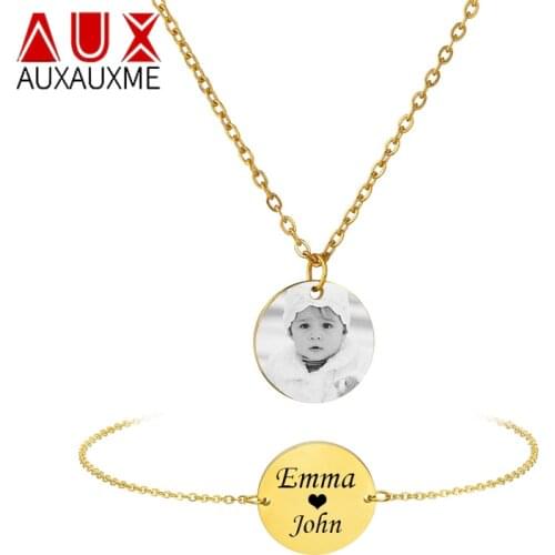 Auxauxme Engraved Photo Date Name Necklace Stainless Steel Custom Women Bracelet for Girlfriend Kids Lover Family Jewelry Set