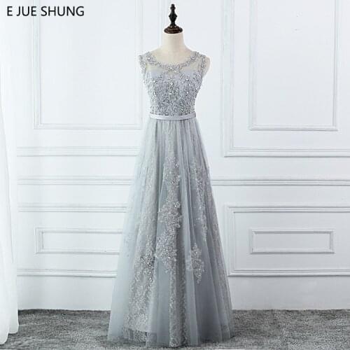 E JUE SHUNG Silver Lace Beaded Long Evening Dresses 2018 Sheer Back Cheap Long Prom Dresses Formal Dresses Party Dresses