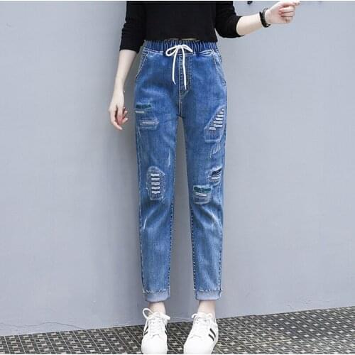 Autumn Embroidery Scratched Womens Jeans High Waist Elastic Waist Ankle Length Cowboy Ladies Plus Size Casual Lace Up Pants 4XL