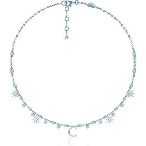 Luxury Brand Real 925 Sterling Silver Stars Moon Starry Sky Pendant Necklace Pave Zircon Crystal Women Fashion Jewelry