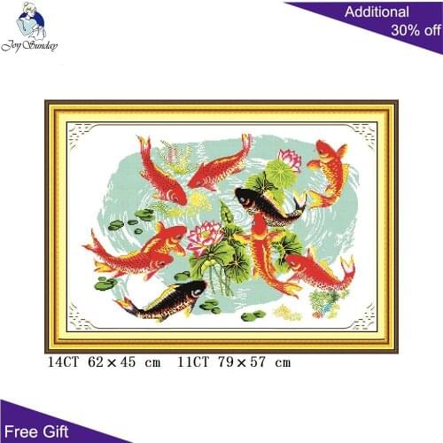 Joy Sunday Nine Fishes Bring Wealth Home Decoration D017 14CT 11CT Stamped and Counted Nine Fishes Play with Lotus Cross Stitch